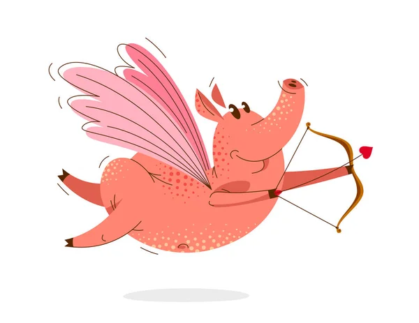 翼の弓と矢の飛行とキューピッドベクトルイラストのように撮影と面白い漫画の豚 バレンタインの愛動物のキャラクターの豚の描画 — ストックベクタ