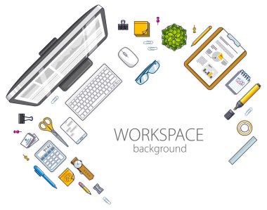 Çalışma masası çalışma masası üst görünümü PC bilgisayar ve bir sürü farklı kırtasiye nesnesi ile metin için kopyalama alanı ile birlikte. Tüm elementleri ayrı ayrı kullanmak ya da resimlemeyi yeniden düzenlemek kolaydır. Vektör.