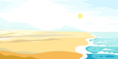 Huzurlu sahil sahili okyanusu ya da deniz, yaz tatilleri ve tatil teması vektör illüstrasyonu, kart ya da afiş eklemek için arka plan olarak kullanılabilir.