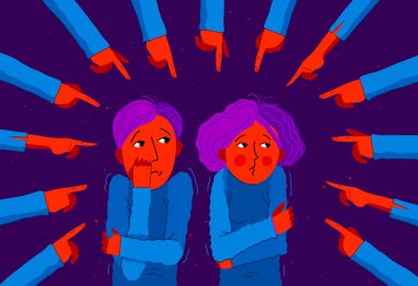 Utanç verici ve suçlayıcı vektör konsepti, elleri genç çifti işaret ediyor rahatsız ve korkmuş, sosyal gruplarda zalim ve hoşgörüsüz davranış ayrımcılığı sorunu.