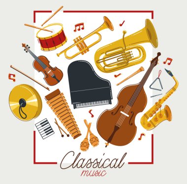 Klasik müzik enstrümanları poster vektör düz çizim, klasik orkestra akustik el ilanı veya afiş, konser veya festival canlı müziği, müzik aletlerinin çeşitliliği.