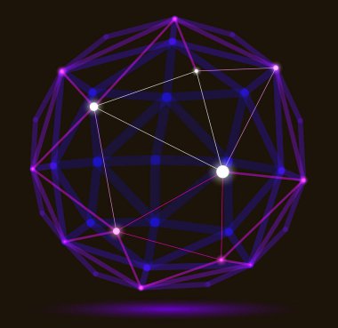 Soyut 3D ağ küre vektör illüstrasyonu, çizgilerle bağlantılı noktalar çokgen nesne, dinamik teknoloji ve bilim kafesi, gerçekçi alan etkisi derinliği.