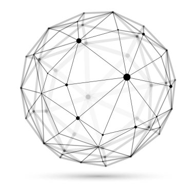 Boyutsal kafes küre vektör soyutlaması, üç boyutlu çokgen tasarım soyut şekil beyaz üzerine izole edilmiş, çizgiler ve perspektifli noktalar ile bilimsel dijital dinamik bağlantılar.