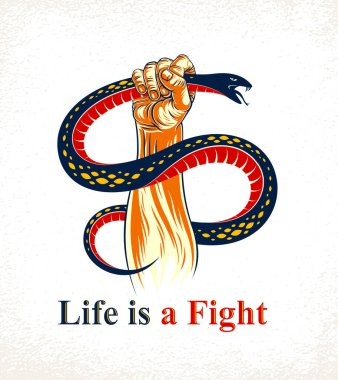 El yılanı sıkar, şeytana ve şeytana karşı savaşır, içindeki hayvanı kontrol eder, prototip gölge, hayat bir dövüş konseptidir, klasik vektör logosu ya da dövmedir..