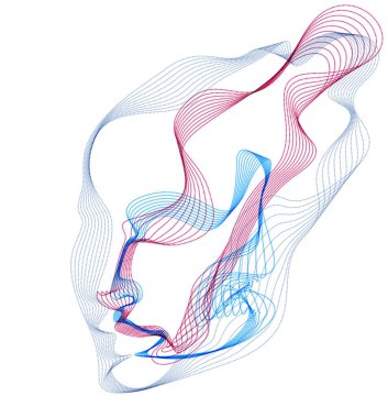 Güzel vektör insan yüzü portresi, noktalı parçacık dizisinden yapılmış insan kafasının sanatsal çizimi, Yapay Zeka, bilgisayar programlama yazılımı arayüzü, dijital ruh.