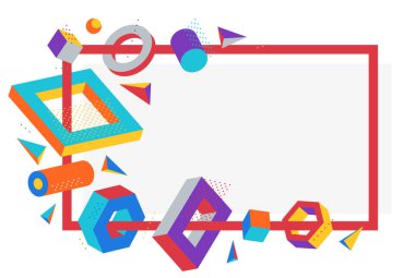 Renkli 3D şekiller beyaz arkaplanda izole edilmiş vektör çerçevesi, parlak pozitif boyutlu tasarım elemanları, kutular ve silindirler ve diğer şekiller basit moda sınır.