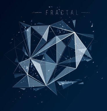 Ağ nesne fraktal tasarımı ve bağlı çizgiler vektör soyut arkaplan, düşük poligonal elementler üç boyutlu perspektif, bilim ve teknoloji teması.