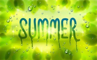 Bir pencereye yaz kelimesi çizilmiş, taze yeşil yapraklar ve su yağmuru damlaları veya yoğunlaştırılmış makro, vektör 3D şeffaf illüstrasyon, yaz doğası güzel sanat.