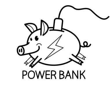 Domuz kumbarası ve fiş vektör illüstrasyonlu komik güç bankası kavramı izole edildi.