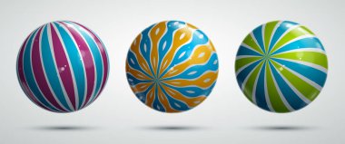 Gerçekçi parlak vektör küreleri desenle dekore edilmiş şirin toplar soyut grafik tasarım elemanları koleksiyonu.