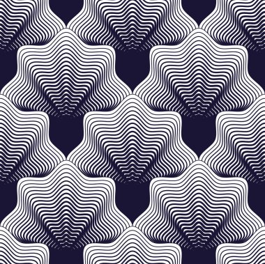 Kusursuz geometrik desen. Geometrik basit moda kumaş baskısı. Fayans dokusu tekrarlanıyor. Kabuklu deniz ürünleri motiflerini yeniden şekillendirir. Tek renk, siyah ve beyaz. Kumaş, duvar kağıdı, ambalaj, ağ ve baskı için kullanılabilir.