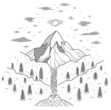 Dağlar aralığı ve şelale vektör çizimi beyaz, doğa temalı güzellik, yürüyüş temalı kamp ve seyahat temalı sanat çizimi.