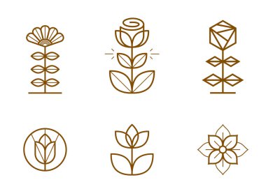 Geometrik stil vektör logoları veya amblemler seti, kutsal geometri sembolleri çizgi amblem koleksiyonu, çiçek açan çiçek oteli veya butik veya mücevher lobileri.