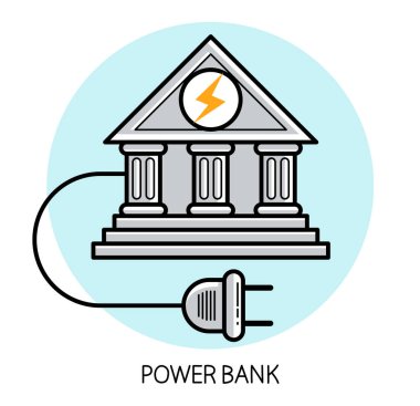 Güç Bankası mizahi simgesi gerçek banka klasik stil cephesi ve elektrik dolgu vektörü düz biçim ikonu izole.