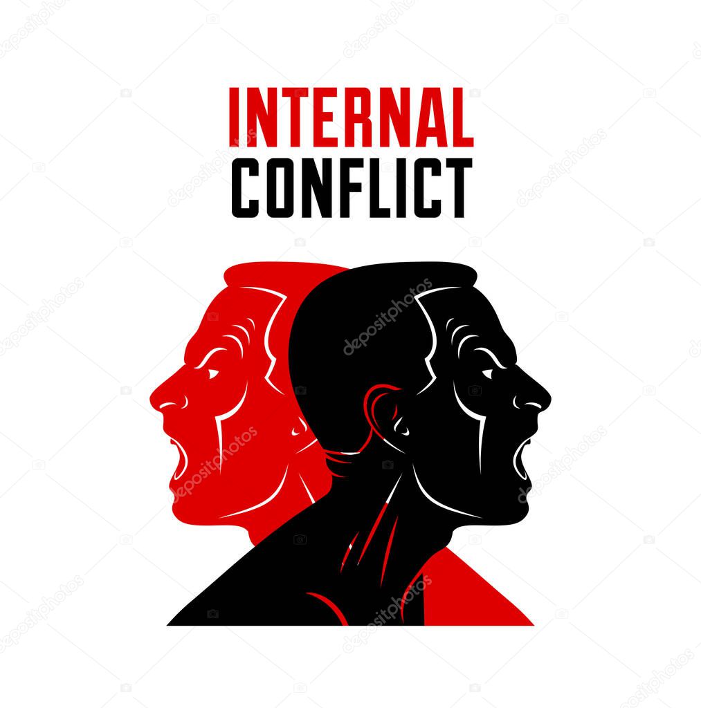 Ambivalence inner conflict and bipolar disorder mental health vector conceptual illustration or logo visualized by two face profiles screaming and shouting in anger.