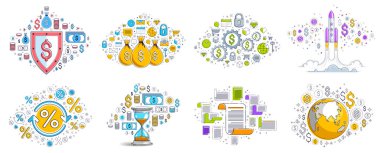 Farklı işletme parası ve finans kavramları vektör illüstrasyonları seti, modaya uygun tasarım çizimleri ticari tema koleksiyonu, birçok simge ve sembol dahil olmak üzere ayrı olarak kullanılabilir, elementler ayrı olarak kullanılabilir.