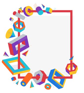 Parlak renkli ve pozitif 3B tasarım elemanları vektör çerçevesi beyaz arkaplan, kutular ve silindirler ve diğer şekiller üzerinde izole edilmiş basit moda sınır.