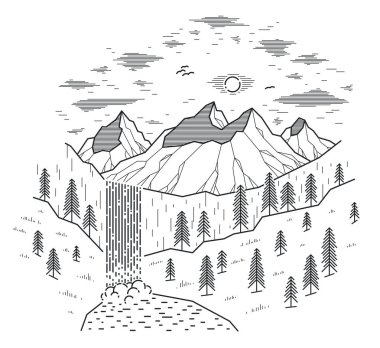 Dağlar aralığı ve şelale vektör çizimi beyaz, doğa temalı güzellik, yürüyüş temalı kamp ve seyahat temalı sanat çizimi.