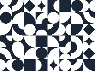 Geometrik soyut düz desenli siyah beyaz geometri, 70 'ler tarzında duvar kağıdı arka planı, Bauhaus yapıcı tarzı fayanslar..
