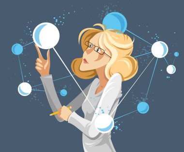 Moleküller ya da atomlar gibi mikro elementleri keşfeden kadın bilim adamı vektör kavramsal illüstrasyon, nörobilim kinayesi, laboratuvar araştırmaları.