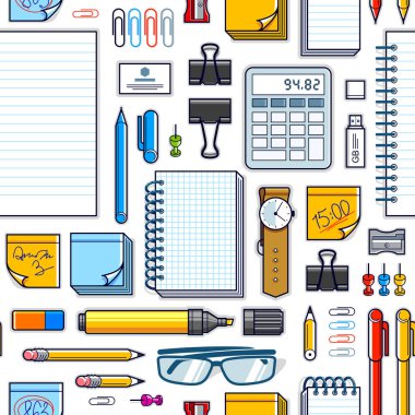 Çalışma masası üst görünümü bir çok farklı kırtasiye elemanı ile dikişsiz vektör duvar kağıdı, iş temalı resim çeşitlilik nesneleri resimleriyle.