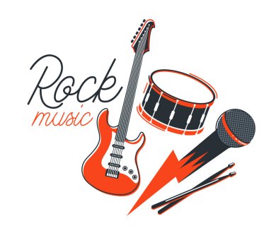 Rock müzik grubu vektör düz illüstrasyon beyaz zemin üzerinde izole edilmiş, hard rock ve heavy metal canlı müzik festivali veya konser, rock n roll müzik grubu, gece kulübü partisi.