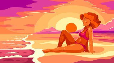 Deniz kıyısında gün batımında güzel, seksi bir kadın. Bikini giyiyor, dinleniyor ve denize bakıyor. Doğada güzel, güzel bir kız gibi poz veriyor..