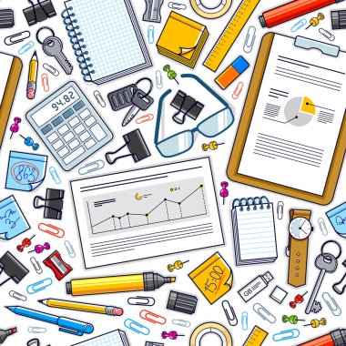 Çalışma masası üst görünümü bir çok farklı kırtasiye elemanı ile dikişsiz vektör duvar kağıdı, iş temalı resim çeşitlilik nesneleri resimleriyle.