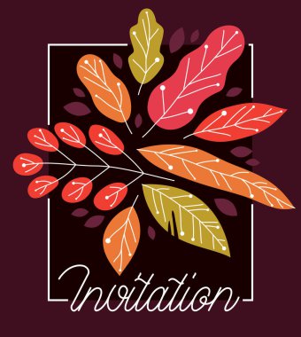 Sarı ve kırmızı sonbahar, doğa vektörü düz tebrik kartının güzelliğini koyu renk üzerine bırakır, sonbahar yaprakları yıldönümü davetiyesi ya da diğer selamlamaları çeker.
