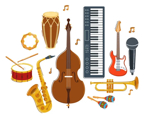 Jazz Zenekar Koncepció Különböző Eszközök Vektor Lapos Illusztráció Elszigetelt Fehér — Stock Vector