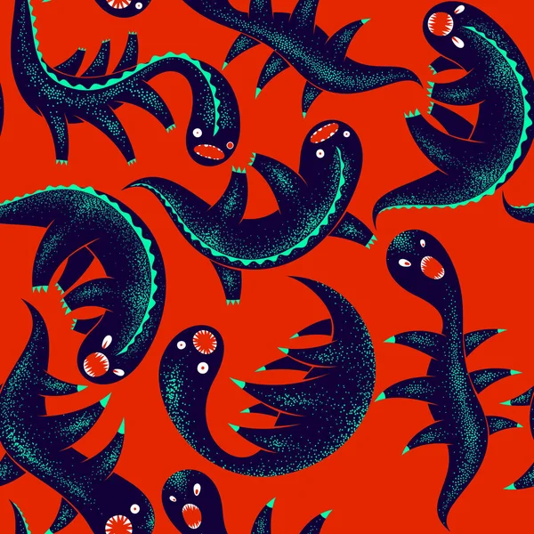 可怕的怪物无缝矢量纺织品图案 野兽生物无尽的壁纸 万圣节主题时尚背景 滑稽图片 — 图库矢量图片