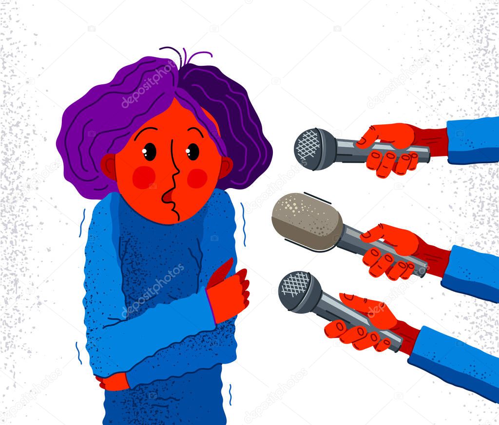 Glossophobia fear of public speech vector illustration, girl surrounded by microphones scared in panic attack, psychology mental health concept.