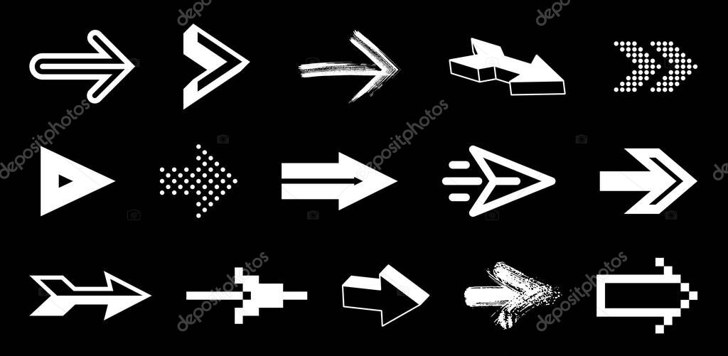 Diverse arrow cursors vector set, different shapes styles and concepts arrows single color monochrome graphic design elements for icons or logos.