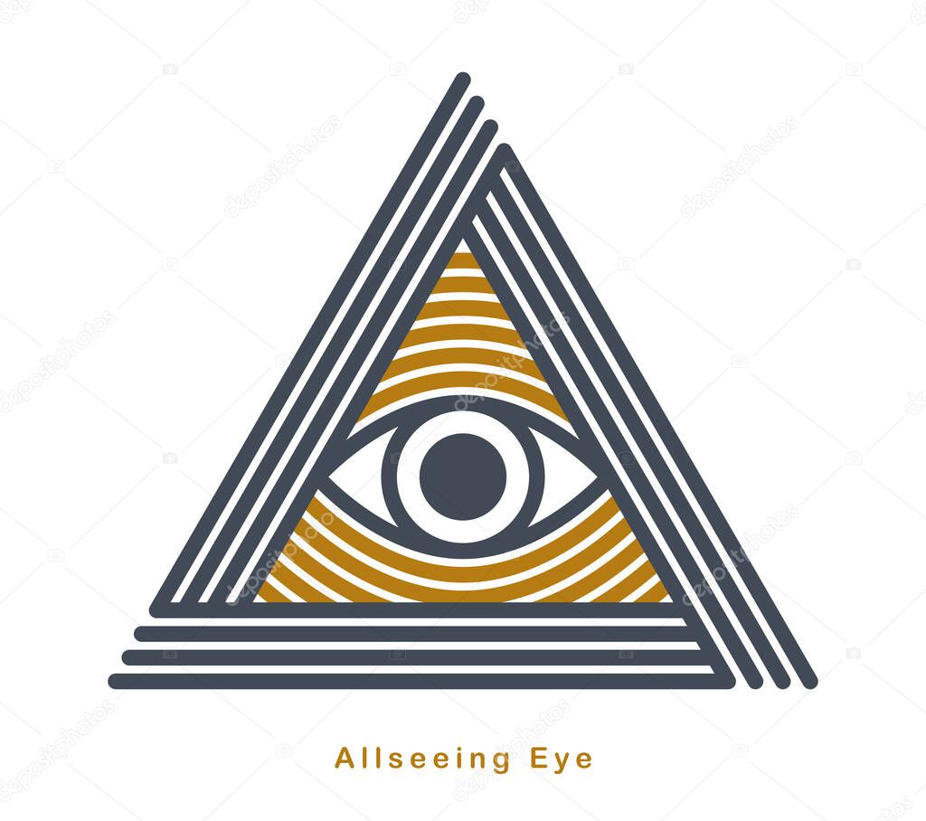 All seeing eye in triangle pyramid vector ancient symbol in modern linear style isolated on white, eye of god, masonic sign, secret knowledge illuminati.
