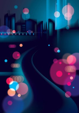 Sokak lambaları ve bokeh bulanık ışıklarla dolu bir gece hayatı. Efekt vektörü güzel arkaplan. Şehir manzaralı bulanık koyu arkaplan, binaların siluetleri gökyüzü.