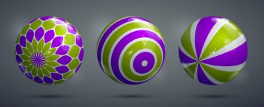 Soyut vektör gerçekçi küreler seti, desenlerle süslenmiş güzel festival topları koleksiyonu, grafik tasarım elementleri.