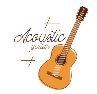 Acoustic guitar vector emblem for festival or concert or player isolated on white, live music theme, logo for musical recording label, instruments shop.