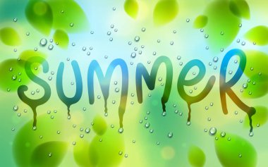 Bir pencereye yaz kelimesi çizilmiş, taze yeşil yapraklar ve su yağmuru damlaları veya yoğunlaştırılmış makro, vektör 3D şeffaf illüstrasyon, yaz doğası güzel sanat.