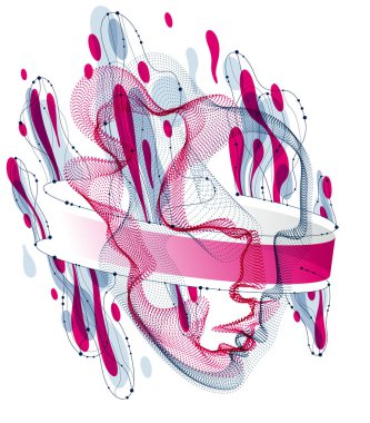 Makinenin dijital ruhu, yapay zeka yazılımı insan kafasının noktalı parçacıkların dalga çizgilerinden oluştuğunu görselleştirme. Evrimin teknik dönemi.