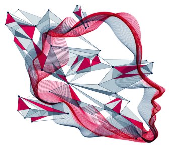 Güzel vektör insan yüzü portresi, noktalı parçacık dizisinden yapılmış insan kafasının sanatsal çizimi, Yapay Zeka, bilgisayar programlama yazılımı arayüzü, dijital ruh.