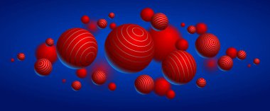 Soyut küreler vektör arka planı, çizgilerle süslenmiş uçan topların bileşimi, 3 boyutlu karışık gerçekçi küreler, alan etkisinin gerçekçi derinliği.