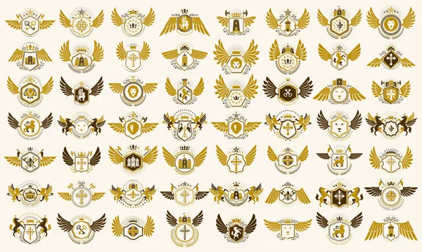 Vintage Heraldyczne Emblematy Wektor Duży Zestaw Zabytkowe Heraldyczne Symboliczne Odznaki — Wektor stockowy