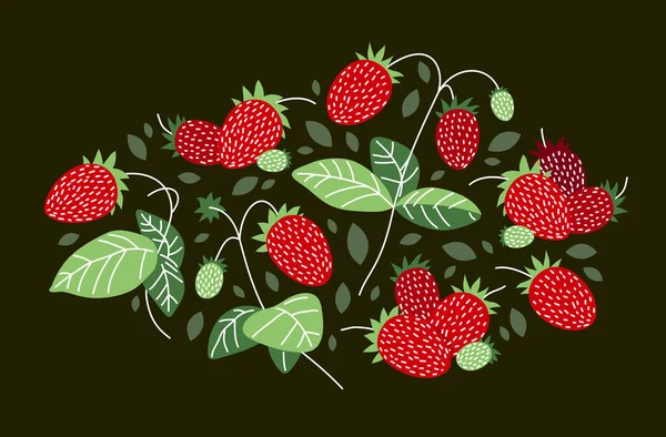Fresh Delicious Ripe Wild Strawberries Vector Flat Illustration Dark Background — Stock Vector