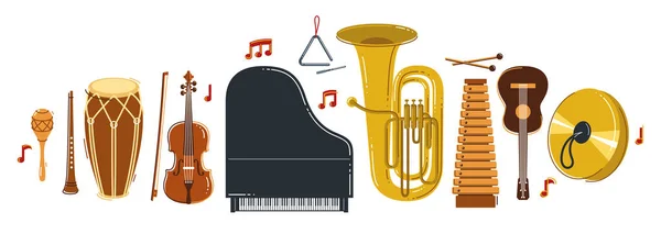 クラシック音楽の楽器構成ベクトルフラットスタイルのイラストは 古典的なオーケストラのアコースティックサウンド コンサートや祭りのライブサウンドに孤立 — ストックベクタ