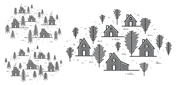 Rural Village Woods Linear Vector Illustration Isolated White Wooden Houses — Stock Vector