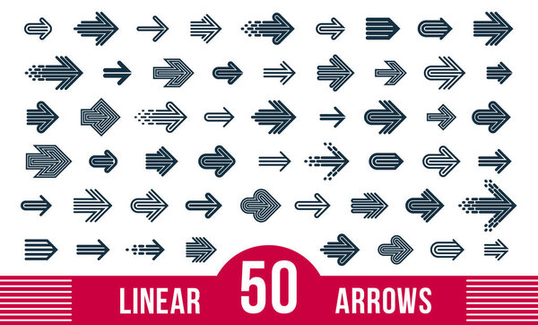 Linear arrow logos vector set, collection of arrows symbols for use as icons or logo creation, graphic design single color signs.