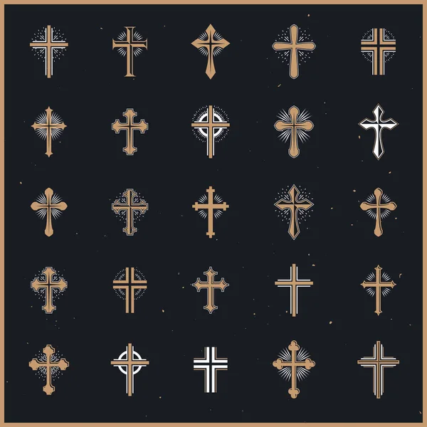 古老的基督教十字矢量标志或徽章 纹章设计元素大集合 古典风格的纹章宗教符号 古董设计 — 图库矢量图片