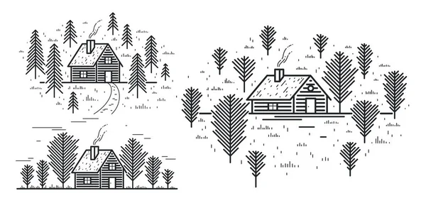 Cabina Bosco Pineta Lineare Vettore Natura Illustrazione Isolata Bianco Casetta — Vettoriale Stock