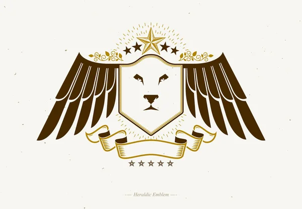 レトロなデザインで作られた腕の紋章 翼を持つ装飾的な紋章 野生のライオンのイラストと五角形の星 — ストックベクタ