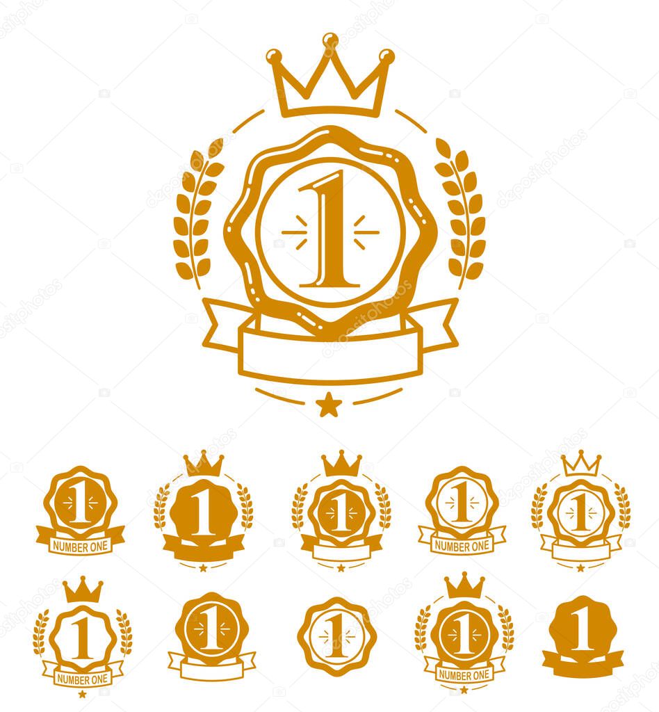 First place vector badge awards set, graphic design geometric simple emblem stickers number one collection, business success and victory theme labels, classical style icons.